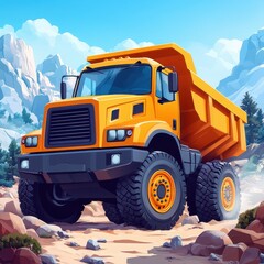 Fototapeta premium Heavy-duty dump truck navigating rocky terrain in a mountainous landscape under bright blue sky
