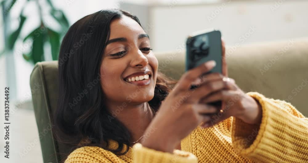 Poster dating app, phone and swipe with happy woman at home with online, mobile and scroll. digital, relax 