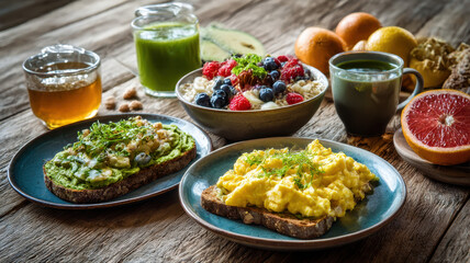 Healthy Breakfast with Fried Eggs, Avocado, and Fresh Fruits on Rustic Wooden Table