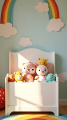 White toy chest anchors colorful kids' room with playful elements and warm natural lighting.