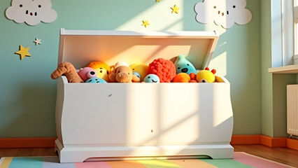 White toy chest anchors colorful kids' room with playful elements and warm natural lighting.