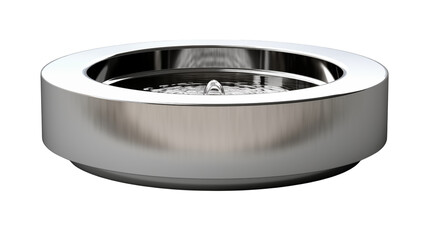 Close up of a round metal fountain with water inside it