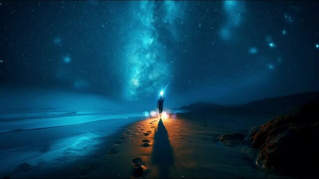 A solitary figure stands on a beach under a starry night sky. The Milky Way prominently arches across the sky, casting a mystical glow over the scene
