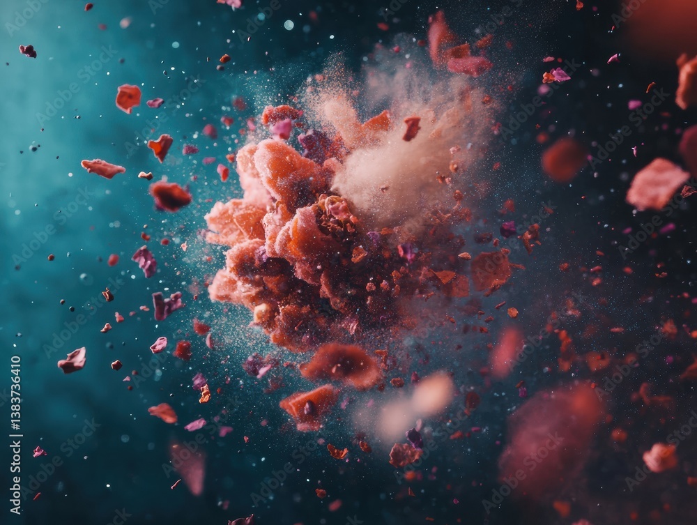 Aufkleber Molecular Explosion Cinematic High-Speed Scientific Visualization of Dynamic Fluid Fragmentation in Rich Coral and Teal Macro Aesthetic