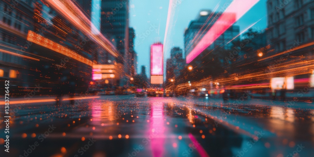 Poster cyberpunk urban velocity neon-drenched cityscape with dynamic light trails showcasing futuristic tec