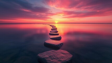 A peaceful sunset scene with a Zen path of perfectly arranged, smooth stones gently hovering over a calm expanse of water.
