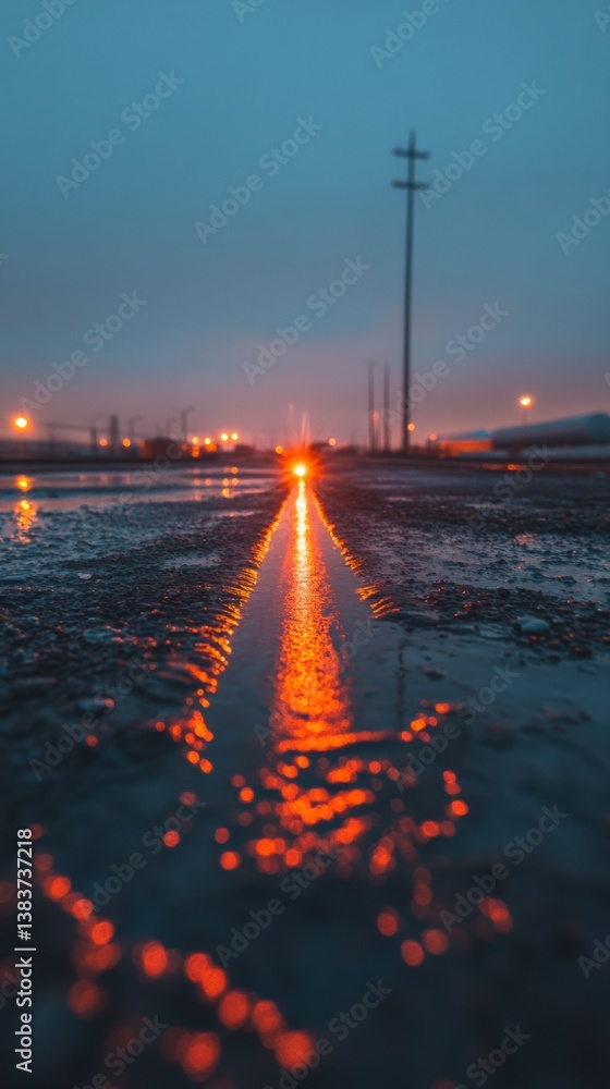 Poster dystopian urban nocturne reflective wet road with luminescent twilight glow - atmospheric cyberpunk-