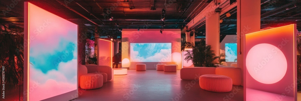 Poster Immersive Digital Workspace Neon-Infused Hybrid Meeting Environment with Fluid Design - Next-Gen Collaborative Technology in Soft Architectural Metaverse Setting