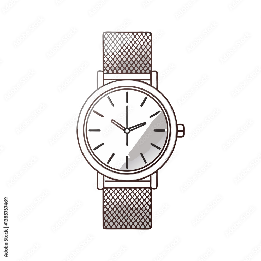 Poster elegant analog wristwatch vector with mesh strap and minimalist dial, clean black outline in a moder