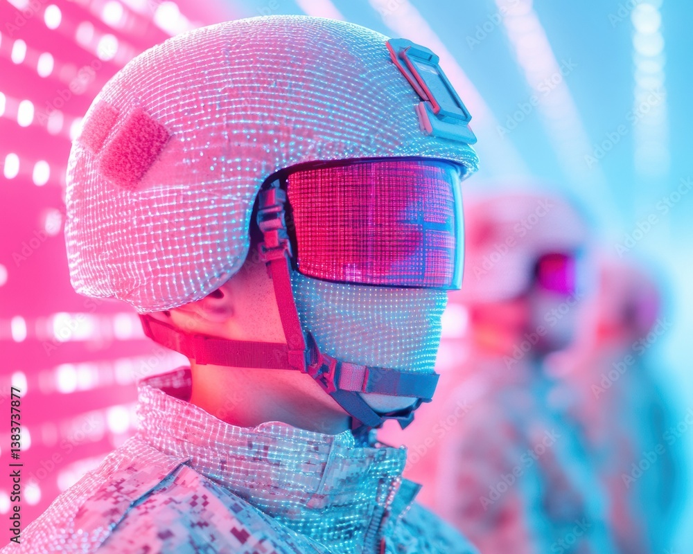 Poster cybernetic fusion next-gen ai wearable technology visualizing immersive digital landscapes in neon-p
