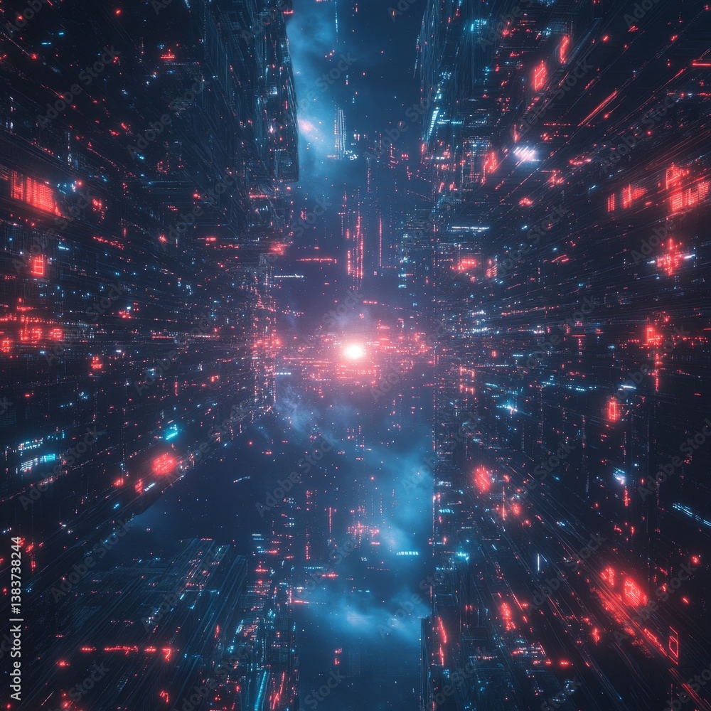 Poster futuristic digital environment abstract simulation 3d graphics virtual reality aerial viewpoint tech
