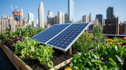 Fototapeta premium Urban Rooftop Garden with Solar Panels and City Skyline in Background