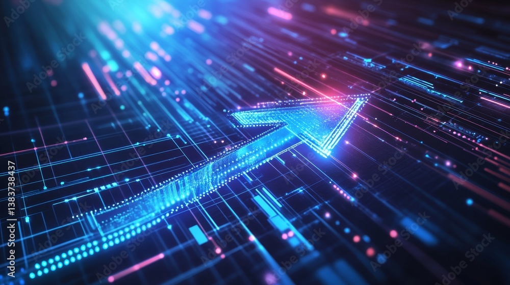 Poster dynamic digital arrow ascending through futuristic data stream in high-tech environment