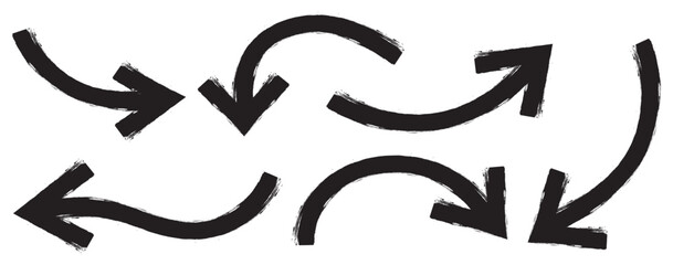 Various bold brush drawn curved arrows. Collection doodle marker thick arrows in different directions. Hand drawn vector direction pointers. Curved and wavy brush strokes with scratches. Hand drawn 