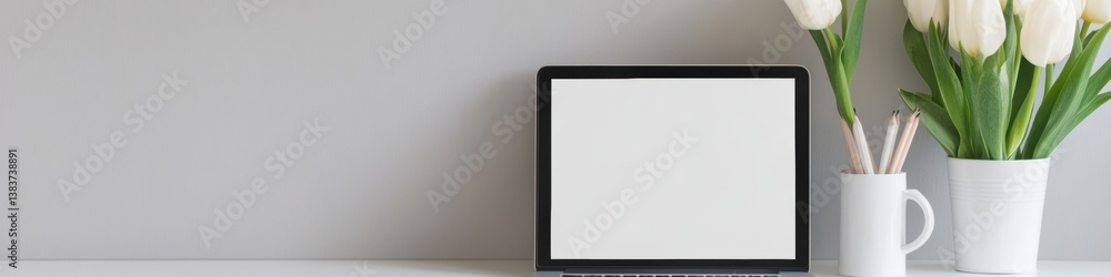 Aufkleber minimalist spring workspace soft white tulips and blank frame - modern home office aesthetic for dig