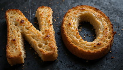 Toasted Bread Letters Spelling NO with Crispy Texture on Dark Background

