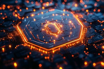 Glowing orange lights illuminate a digital electronic circuit board structure