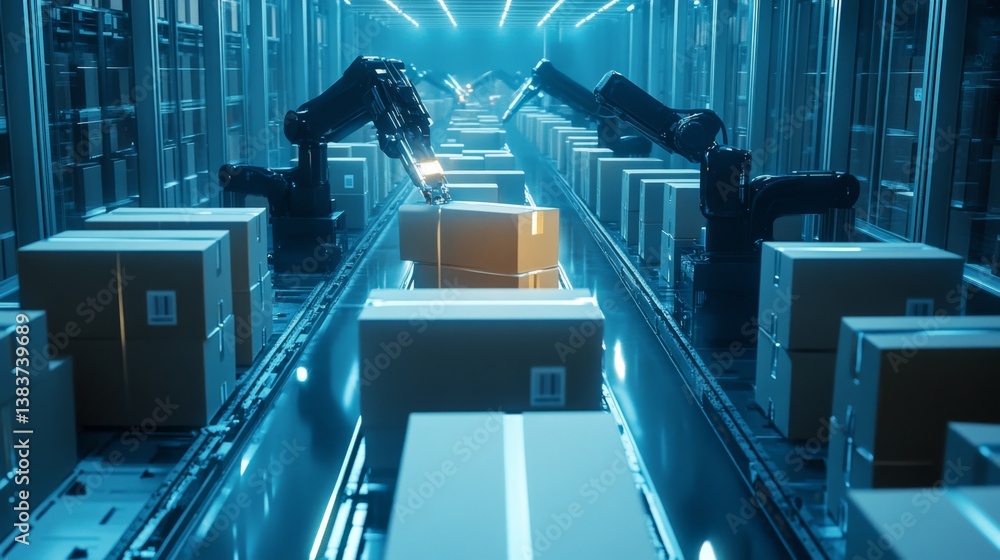 Poster automated robotic system sorting packages industrial warehouse digital imagery high-tech environment