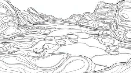 Simple Coloring Book Page Featuring A Snowy Valley Landscape With Mountains And A Winding River