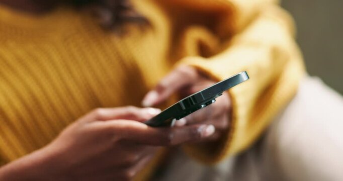 Phone, hands and girl in house with social media, chat or website, scroll or contact communication. Smartphone, check and person in living room with job search app, sign up or recruitment newsletter