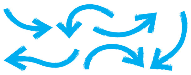 Blue Bold brush drawn arrows. Set of Blue Hand drawn vector arrows doodle. Hand drawn blue grunge bent arrow pointing upwards, bold brush stroke. Blue hand drawn brush arrow icon vector set.