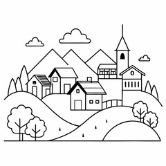 Rural Village Scene Outline Vector – Line Art Drawing for Coloring Book Page on White Background