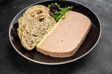 Pate mousse liver duck poultry meat tasty fresh gourmet food background table rustic food top view copy space