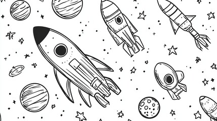 Simple Coloring Book Page Featuring Rockets and Planets in a Whimsical Outer Space Scene