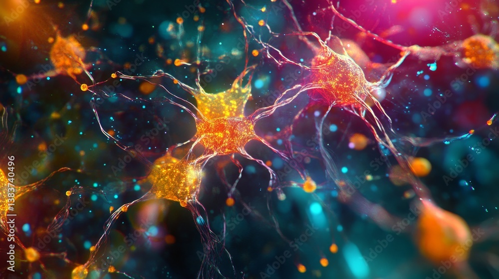 Poster neurons connecting in vibrant colors digital realm scientific visualization abstract environment mac