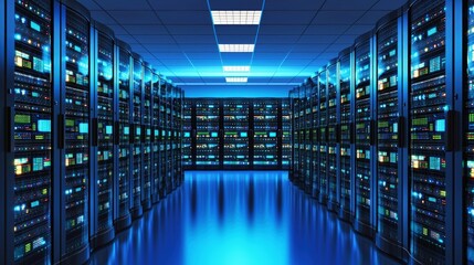 Fototapeta premium Futuristic server room with glowing blue lights and rows of data racks, perfect for tech websites, cybersecurity themes, and IT infrastructure presentations