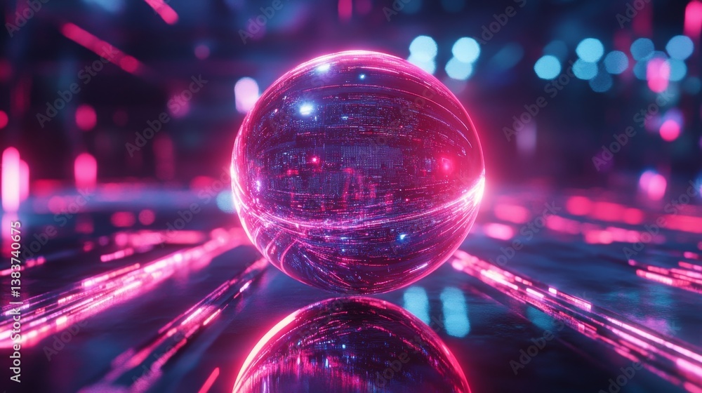 Poster dynamic neon sphere installation urban setting digital art futuristic environment close-up view tech