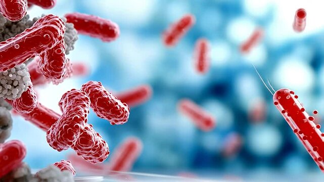 Close-up of vibrant red bacteria with blurred blue background, illustrating microbial activity