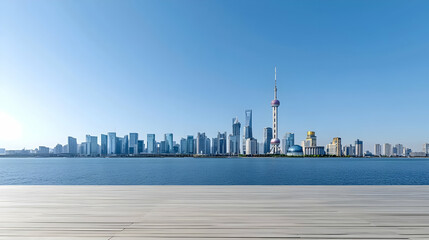 Obraz premium City Skyline Panorama Over Water With Wooden Platform