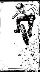 Skateboarder jumps high with grunge-like texture on black and white background