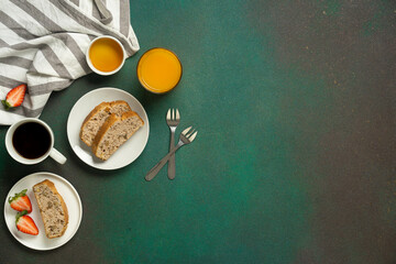Top view breakfast with orange juice and coffee.