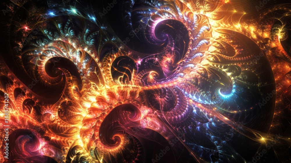 Poster dynamic abstract swirls digital realm art composition colorful environment close-up viewpoint visual