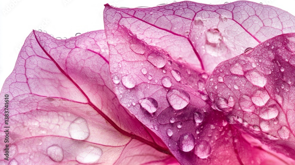 Poster vibrant pink petals unfold in intricate layers, adorned with shimmering droplets reflecting soft lig