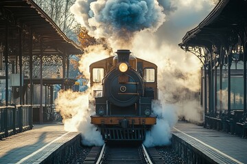 The classic steam locomotive steaming forward on a railway track platform