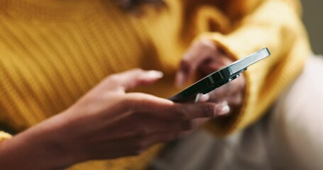 Phone, hands and woman in house with social media, chat or website, scroll or contact communication. Smartphone, check and person in living room with job search app, sign up or recruitment newsletter