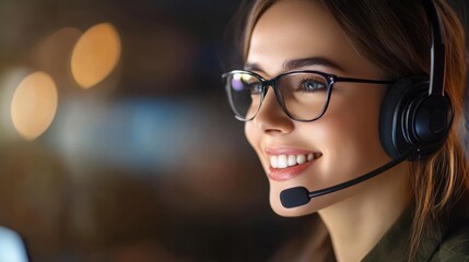 A cheerful woman in glasses wearing a headset is shown, indicating customer support or tech assistance, This image is ideal for promoting services in customer care or virtual communication,