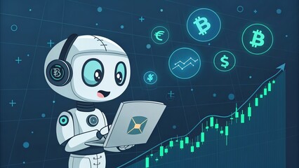 Cute robot thinking with digital icons, analyzing cryptocurrency price trends on a futuristic dark background.