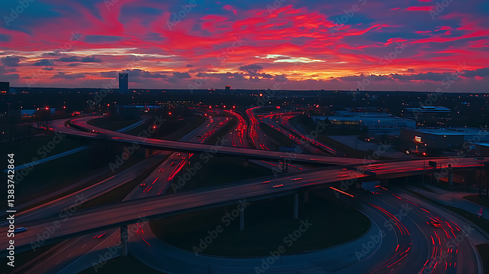 Poster twilight aerial view of city roads and interchanges with dynamic red and blue lighting, transportati