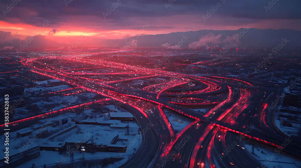 Poster twilight aerial view of city roads and interchanges with dynamic red and blue lighting, transportati