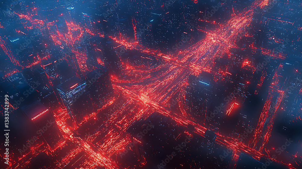 Poster twilight aerial view of city roads and interchanges with dynamic red and blue lighting, transportati