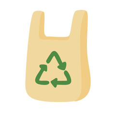 Cartoon biodegradable bag with recycling symbol. Eco-friendly packaging and plastic-free solution.