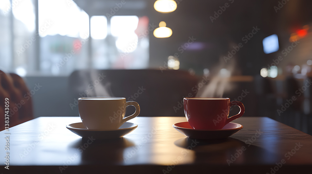 Poster two coffee cups with steam on table in a cafe