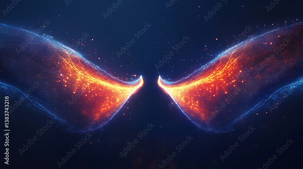 Poster Two large lines that almost touch each other, with digital data flowing between them, surrounded by colorful glowing light curves on a dark blue background
