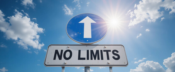 Motivational road sign with no limits text and upward arrow against sunny sky.