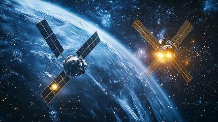 Two satellites clashing in orbit and creating space debris