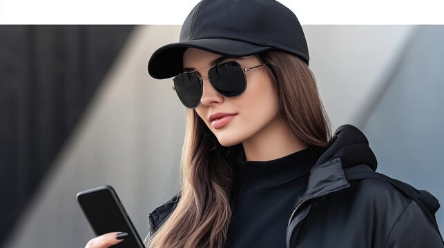 A stylish woman with sunglasses and a cap looks at her phone, embodying a chic urban vibe, Perfect for fashion blogs, lifestyle articles, or social media campaigns focused on modern trends,